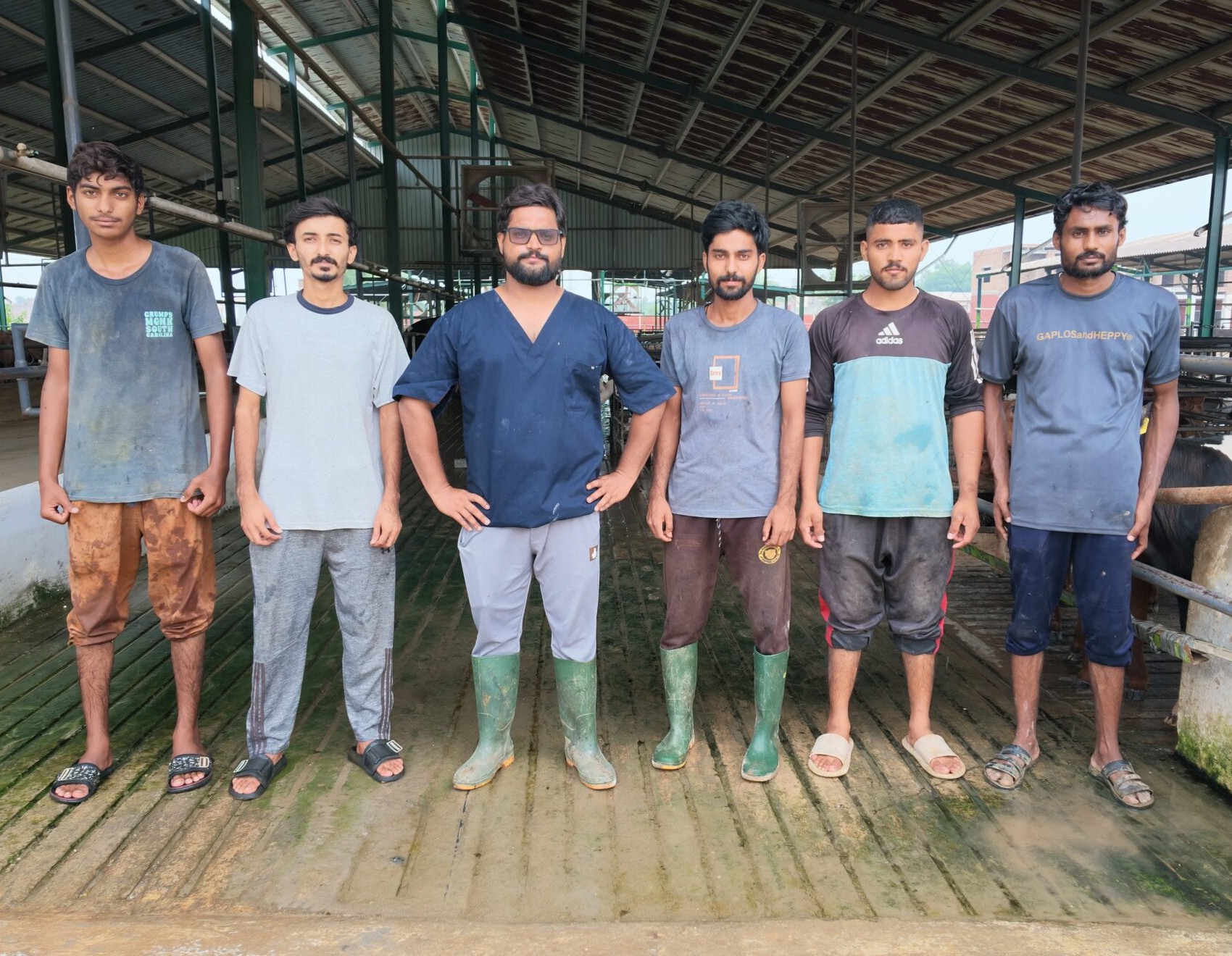 The veterinary and herd team at Gulshan Farms lined up in the milking shed, with farm vet Dr Hussnain Riaz in the centre